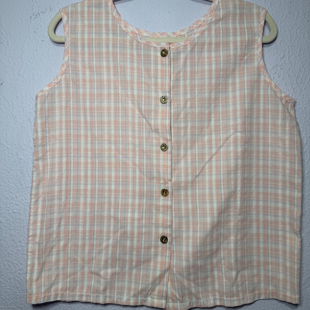 Vintage Preppy Top Plaid Sleeveless Button Down Pink White Cottagecore Blouse M?
